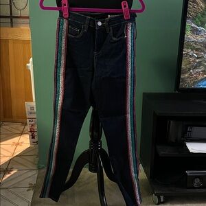 Dark wash Jeans with glittery rainbow Stripes